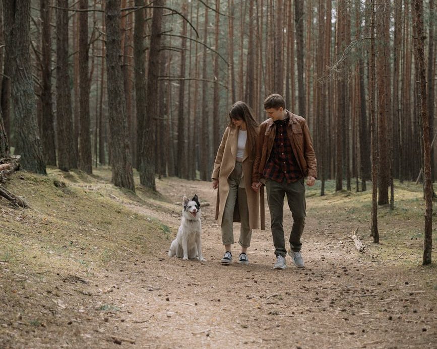 Perro con sus tutores en el bosque